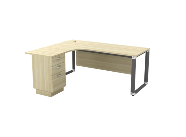 L Shape Office Table With O Pyramid Metal Leg + 2D1F Pedestal - V-OWL 1515/1815-3D